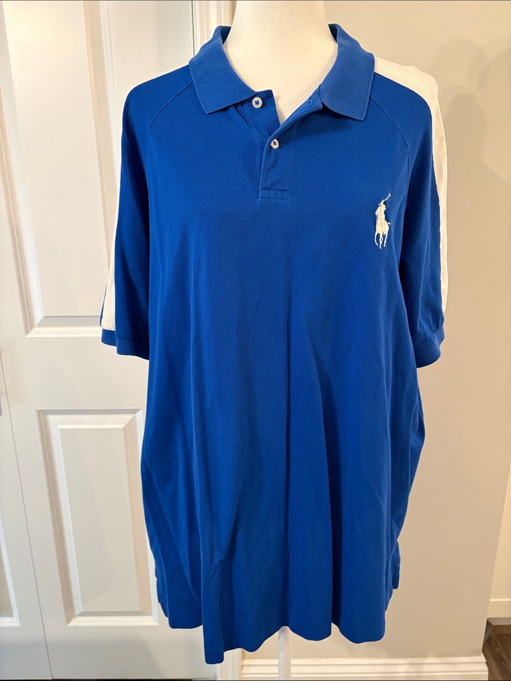 Ralph Lauren Royal Blue Golf Polo with White Logo and PerforatedShoulder Stripes